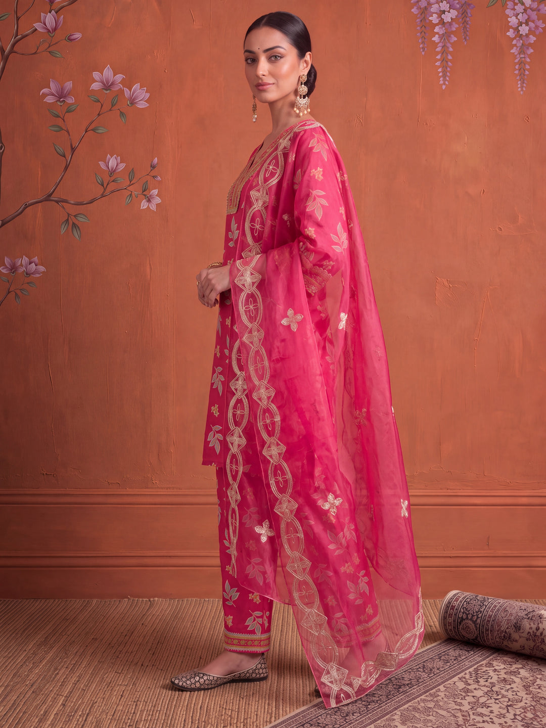Pink Cotton Lace Work Kurta Set With Pant Dupatta