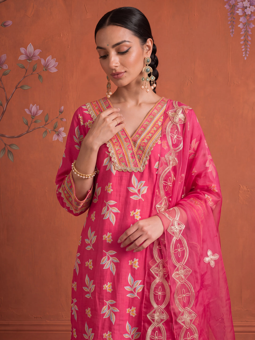 Pink Cotton Lace Work Kurta Set With Pant Dupatta