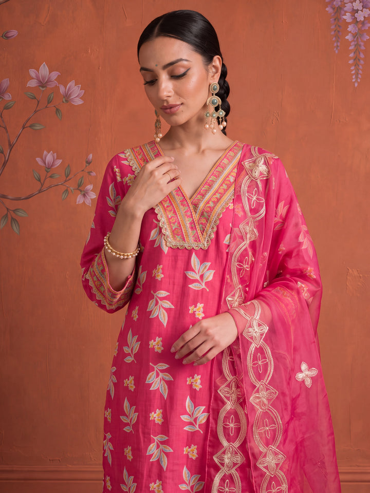 Pink Cotton Lace Work Kurta Set With Pant Dupatta