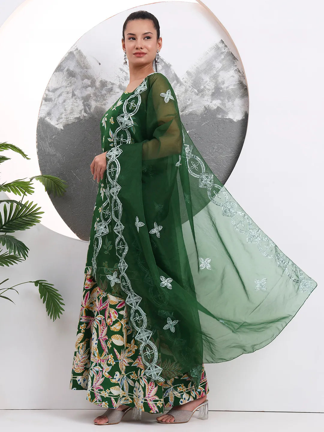 Green Cotton Sleeveless Kurta Palazoo Dupatta Set