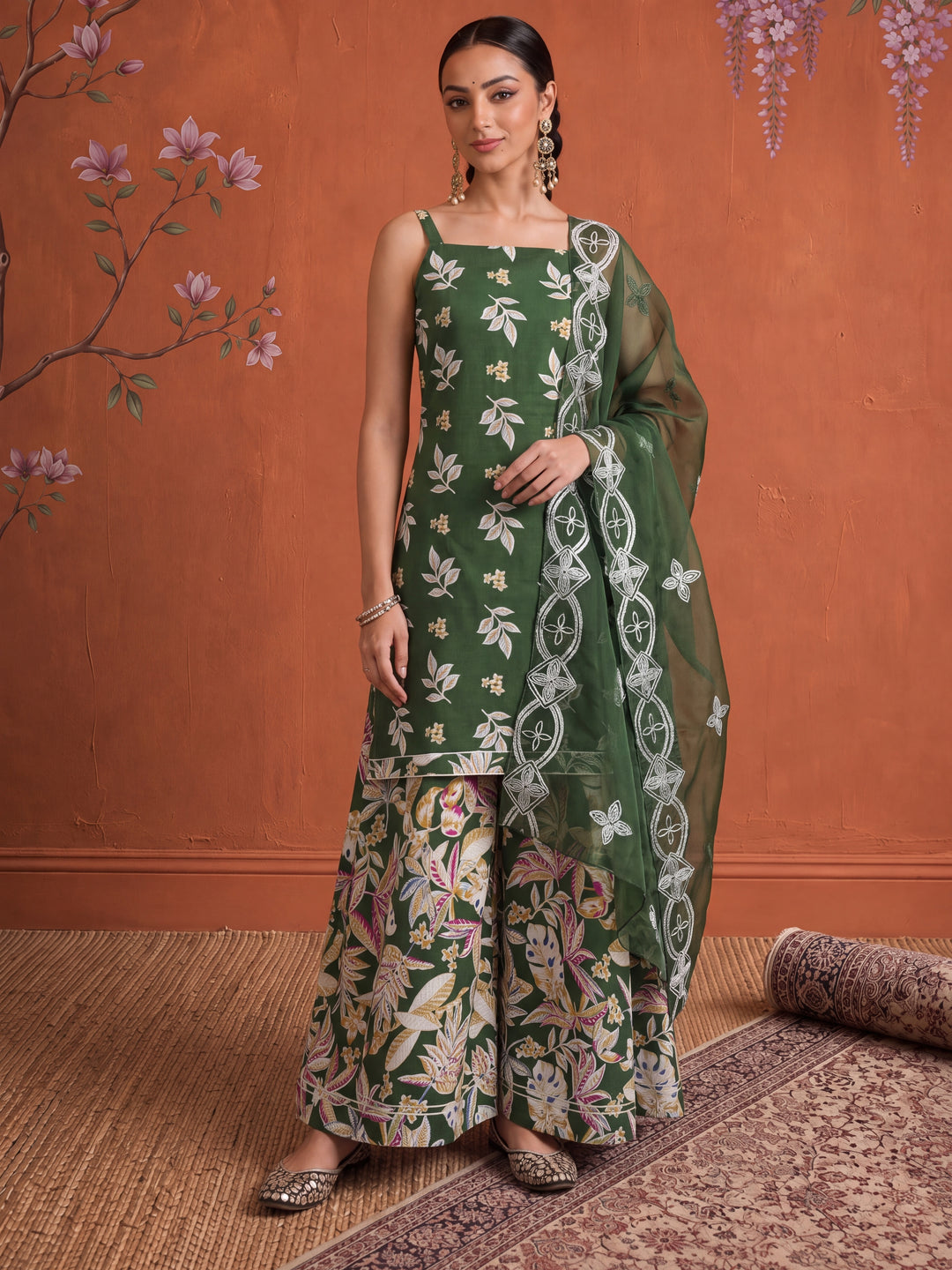 Green Cotton Sleeveless Kurta Palazoo Dupatta Set