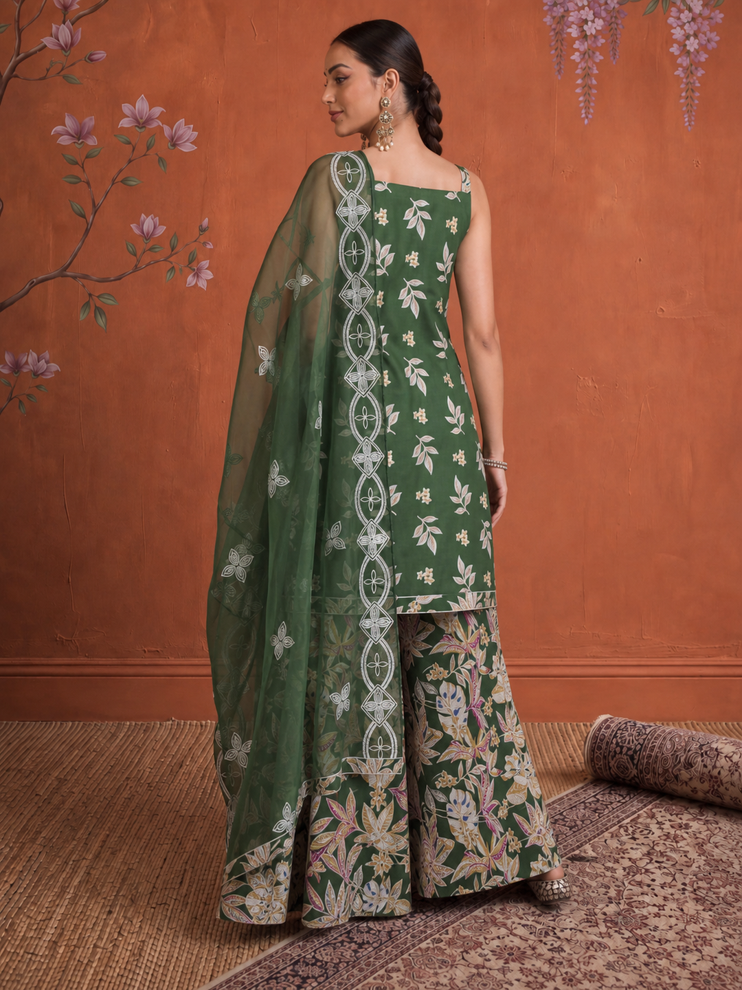 Green Cotton Sleeveless Kurta Palazoo Dupatta Set