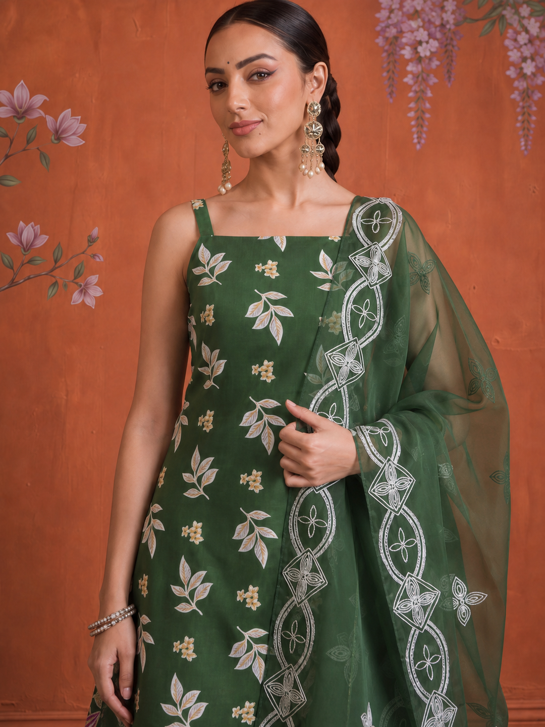 Green Cotton Sleeveless Kurta Palazoo Dupatta Set