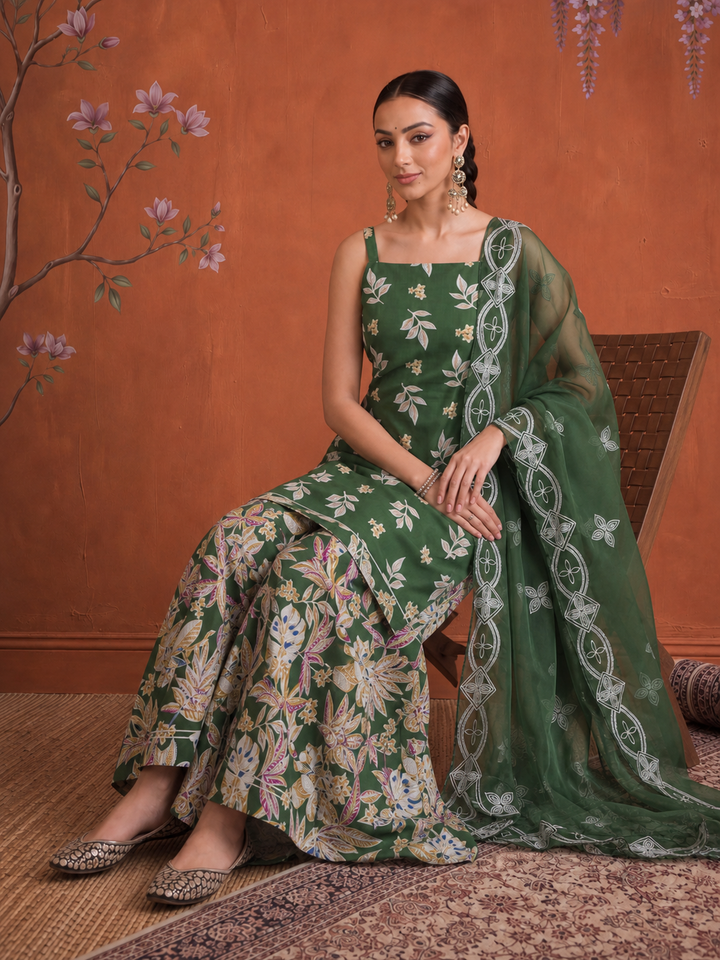 Green Cotton Sleeveless Kurta Palazoo Dupatta Set