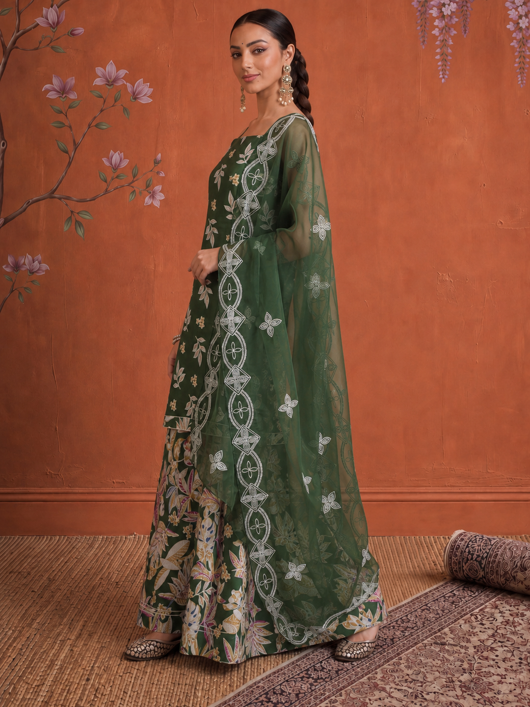Green Cotton Sleeveless Kurta Palazoo Dupatta Set