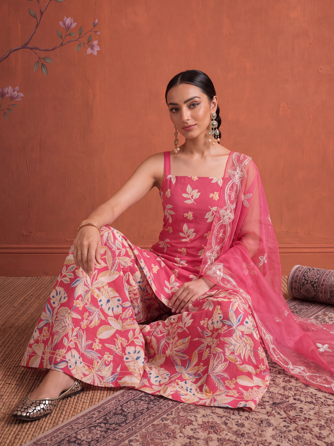 Pink Cotton Sleeveless Kurta Palazoo Dupatta Set