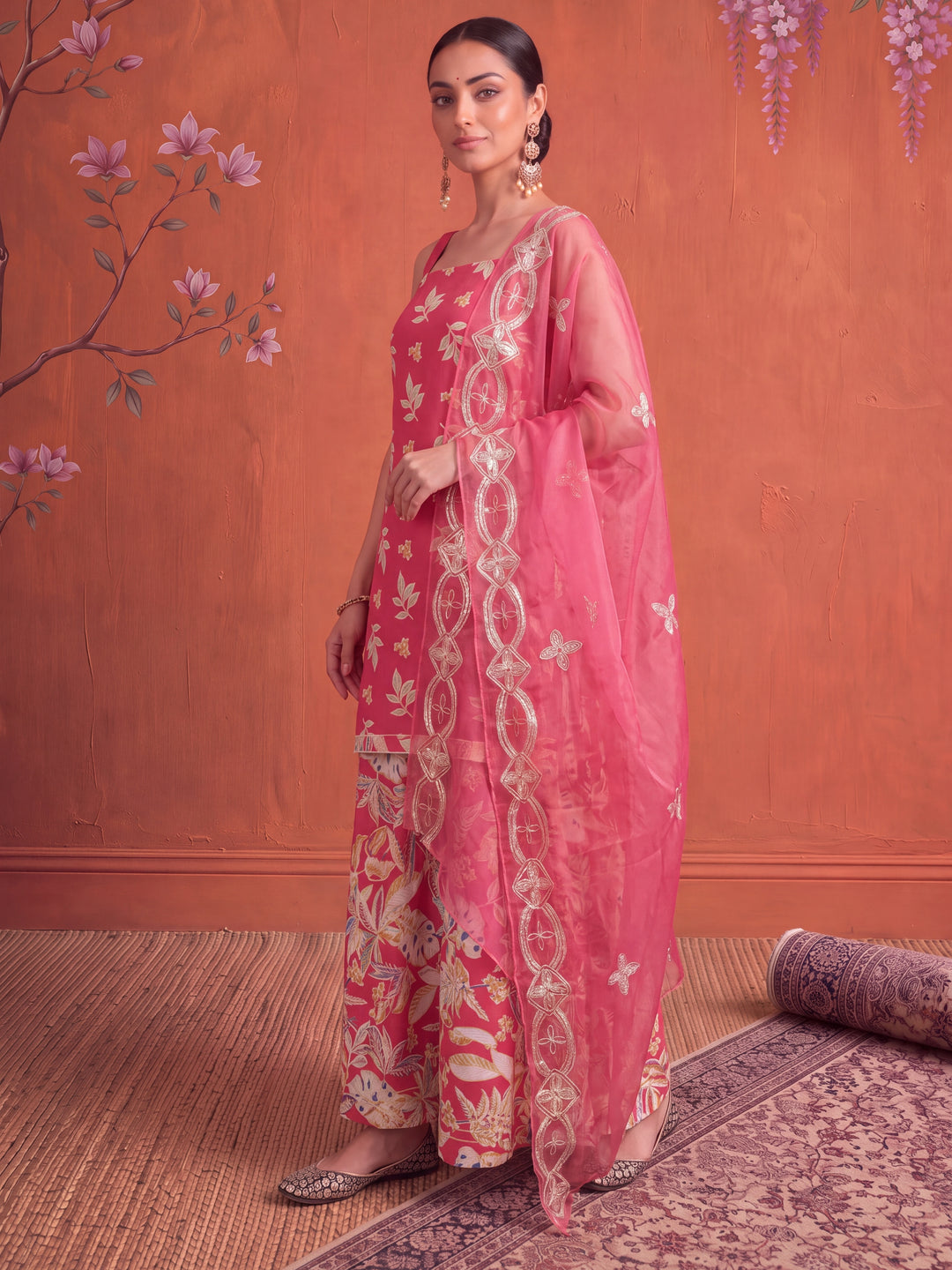 Pink Cotton Sleeveless Kurta Palazoo Dupatta Set