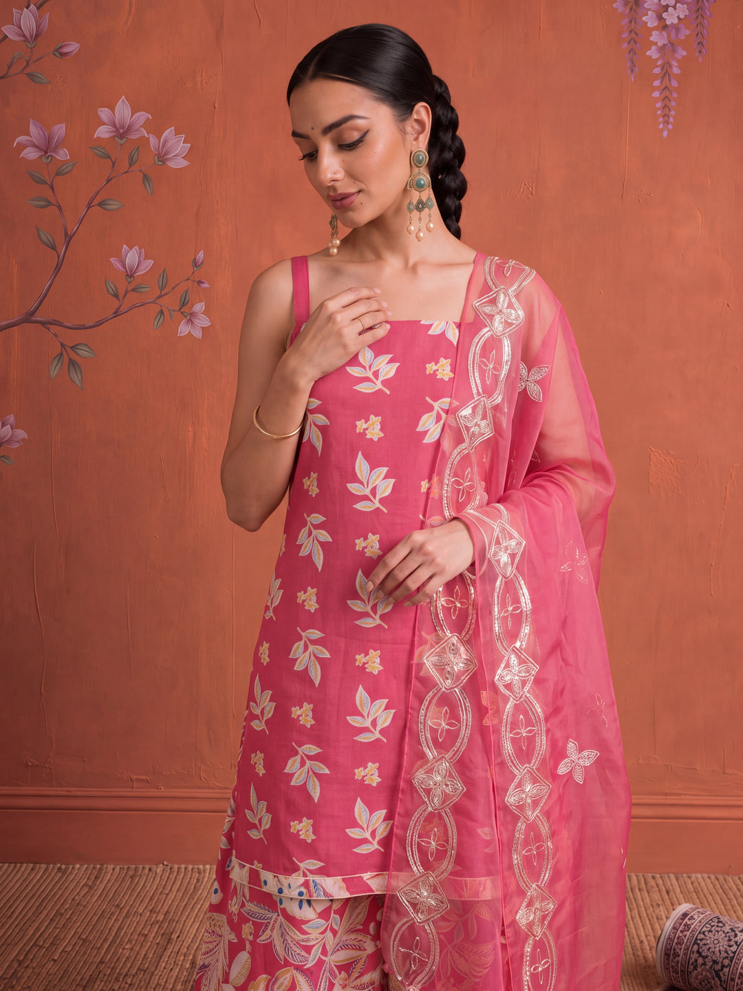 Pink Cotton Sleeveless Kurta Palazoo Dupatta Set