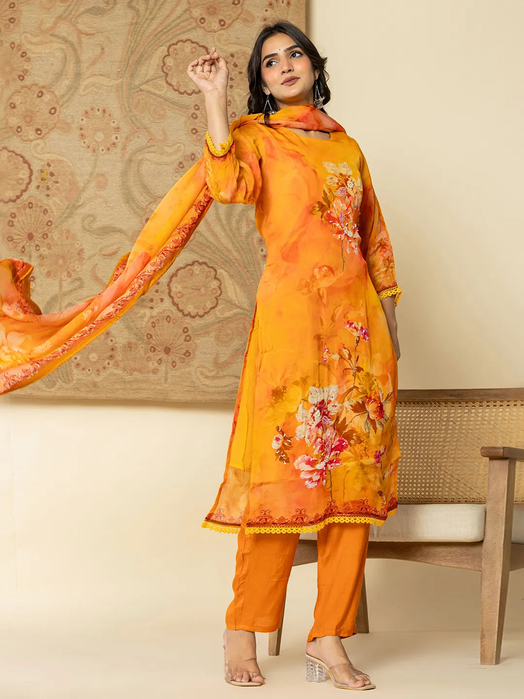 Pure Oragnza Kurta Set With Pant And Organza Dupatta Comes With Cotton Lining And Intricate Handwork