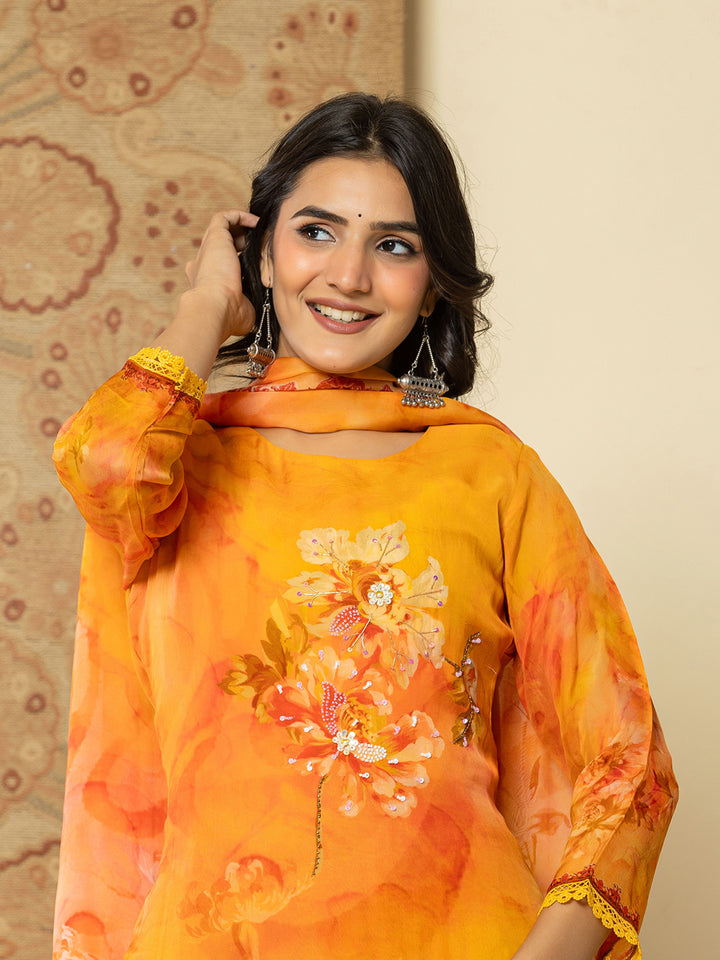 Pure Oragnza Kurta Set With Pant And Organza Dupatta Comes With Cotton Lining And Intricate Handwork