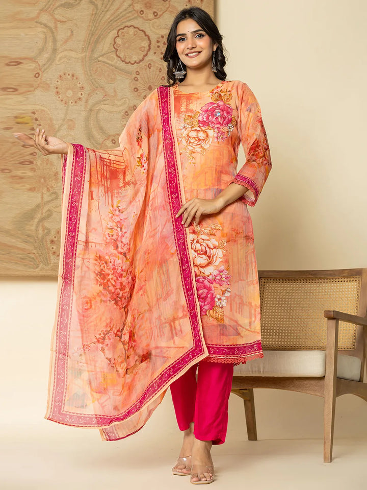 Pink Floral Embroidered Regular Sequinned Kurta with Trousers & With Dupatta