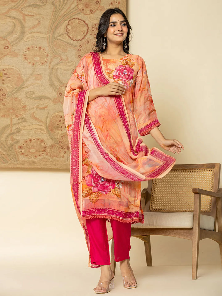 Pink Floral Embroidered Regular Sequinned Kurta with Trousers & With Dupatta