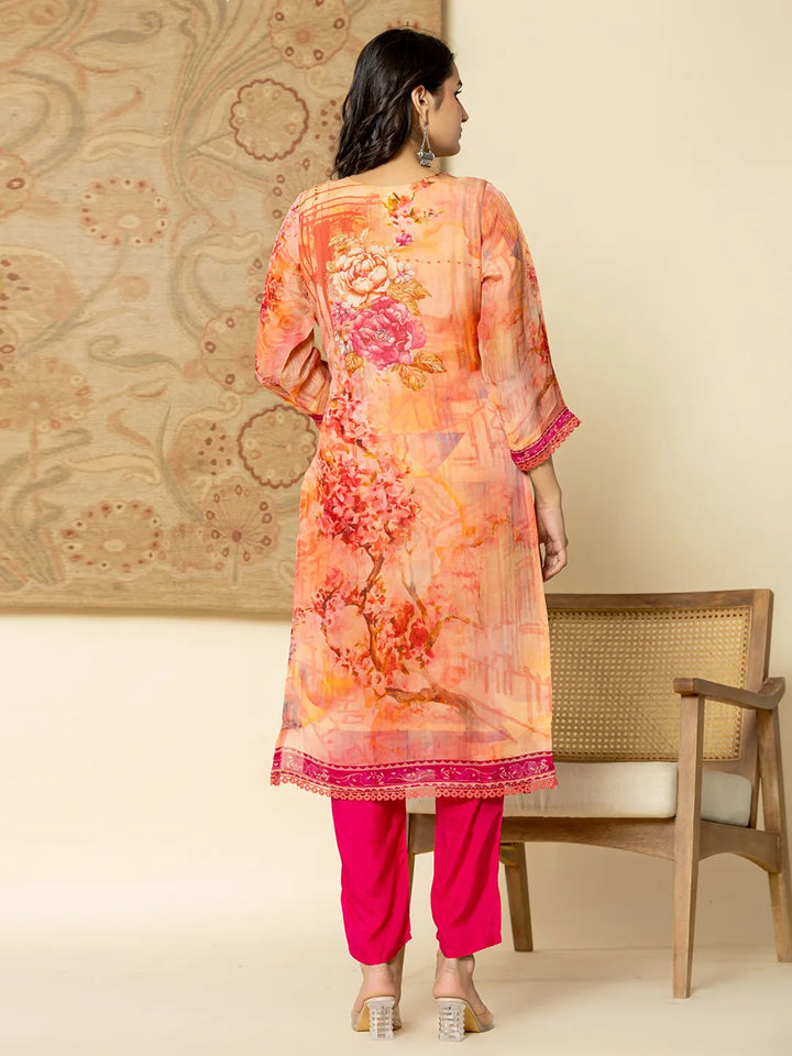 Pink Floral Embroidered Regular Sequinned Kurta with Trousers & With Dupatta