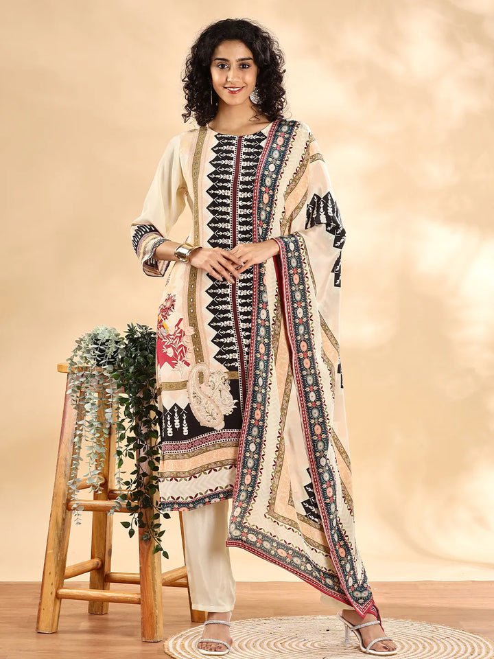 Cream And Black Pure Silk Sequins_Work Straight Kurta Dupatta Pant Set