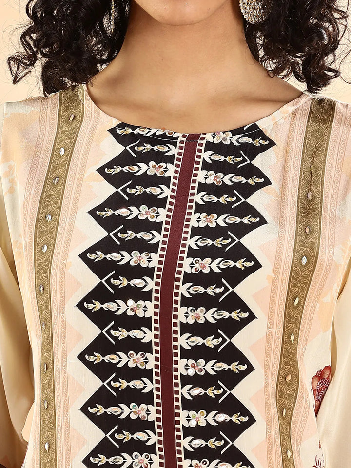 Cream And Black Pure Silk Sequins_Work Straight Kurta Dupatta Pant Set