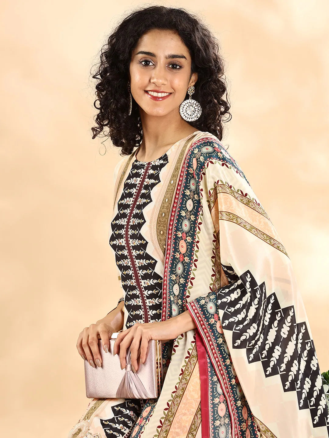 Cream And Black Pure Silk Sequins_Work Straight Kurta Dupatta Pant Set