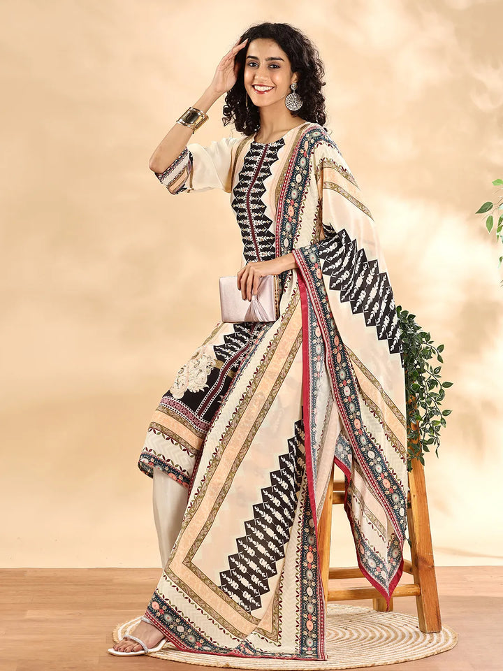 Cream And Black Pure Silk Sequins_Work Straight Kurta Dupatta Pant Set