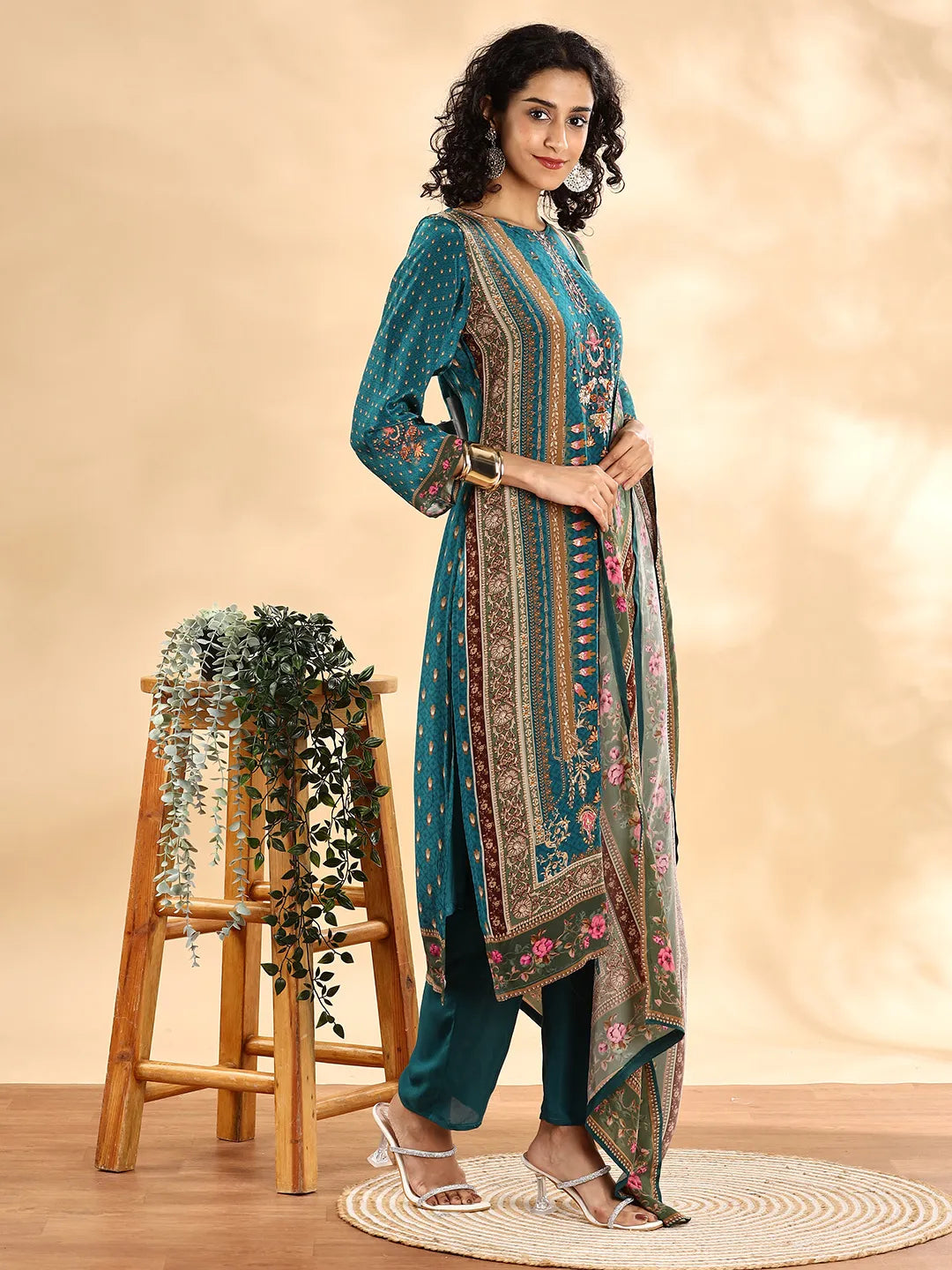 Teal Blue Pure Silk Sequins_Work Straight Kurta Dupatta Pant Set