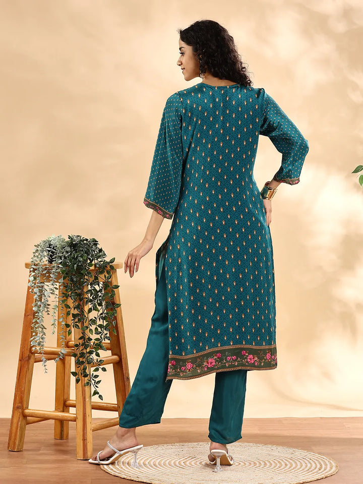 Teal Blue Pure Silk Sequins_Work Straight Kurta Dupatta Pant Set