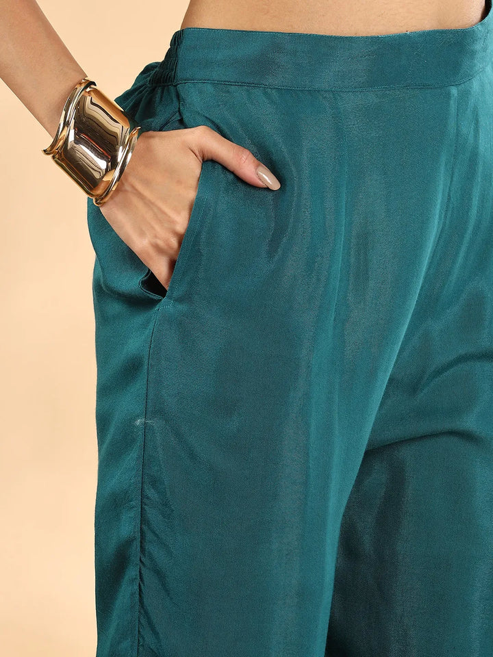 Teal Blue Pure Silk Sequins_Work Straight Kurta Dupatta Pant Set