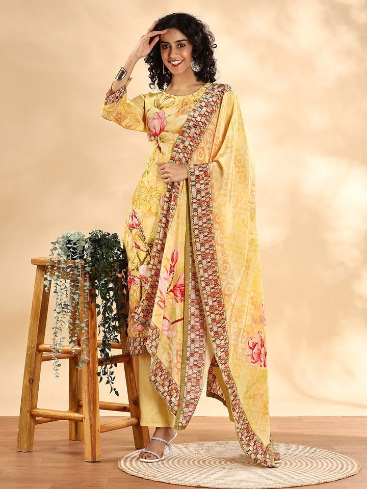 Yellow Silk Crepe Sequins_Work Straight Kurta Dupatta Pant Set