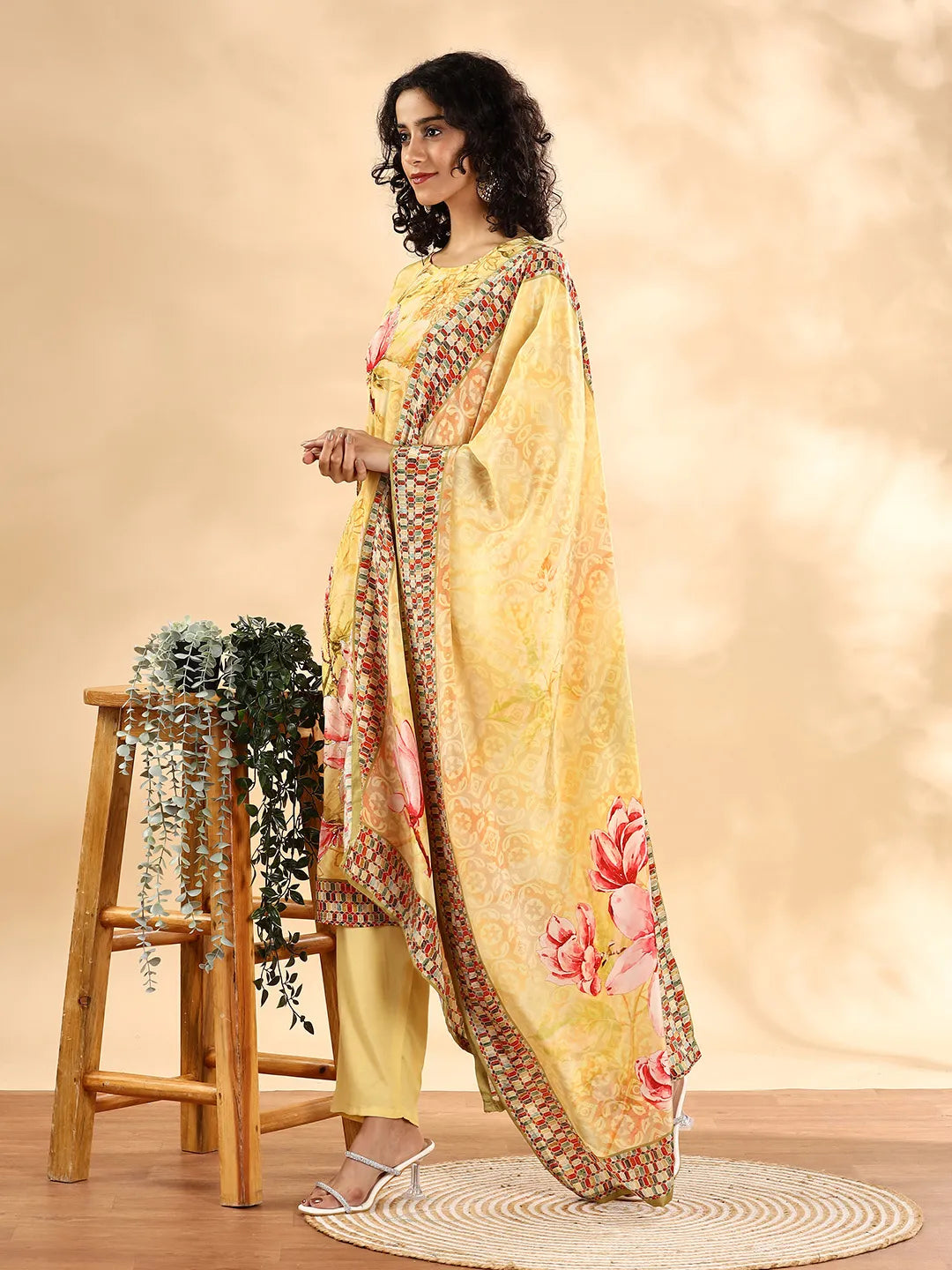 Yellow Silk Crepe Sequins_Work Straight Kurta Dupatta Pant Set