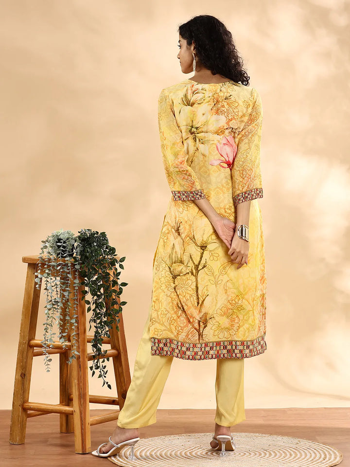 Yellow Silk Crepe Sequins_Work Straight Kurta Dupatta Pant Set