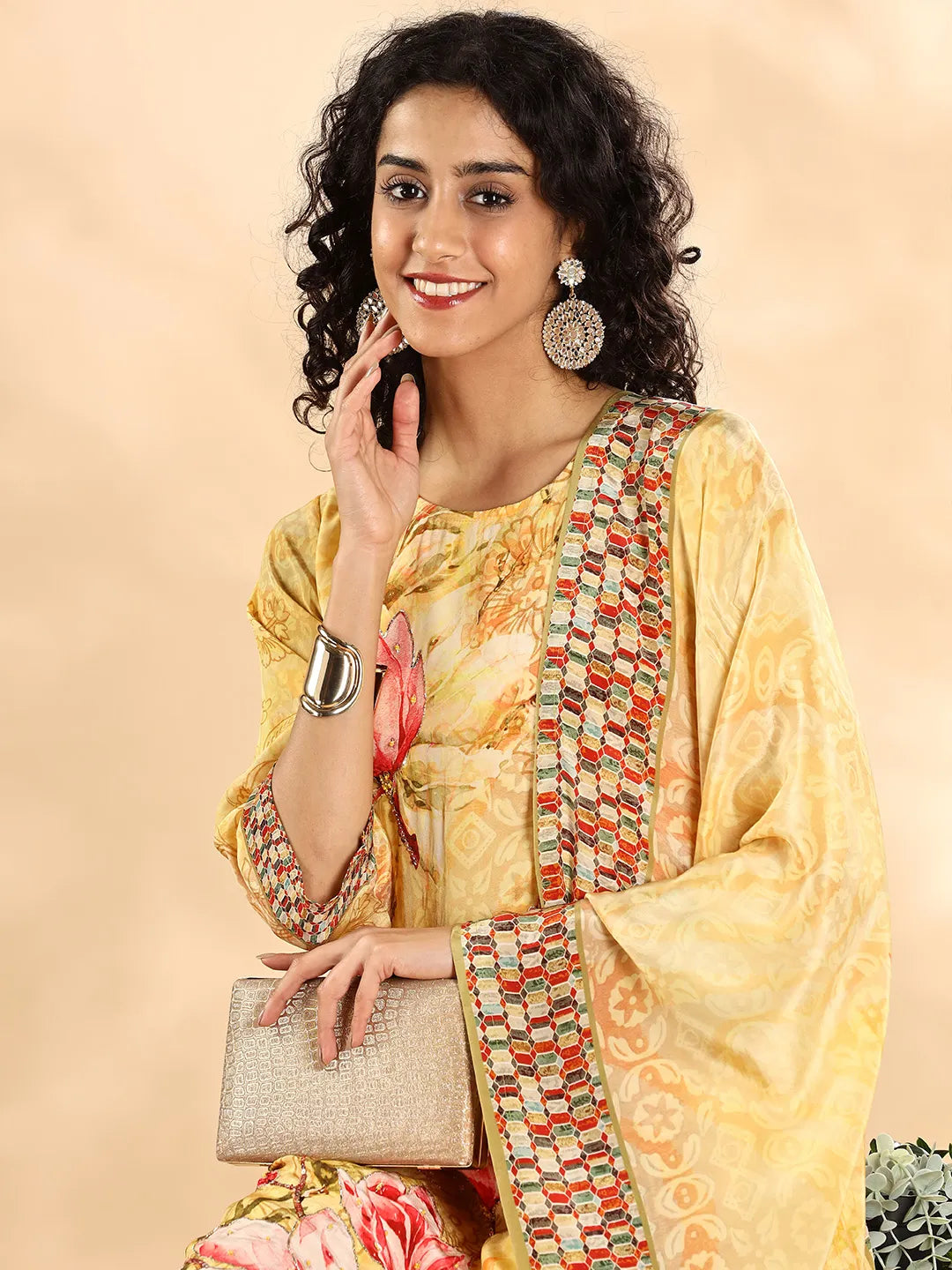 Yellow Silk Crepe Sequins_Work Straight Kurta Dupatta Pant Set