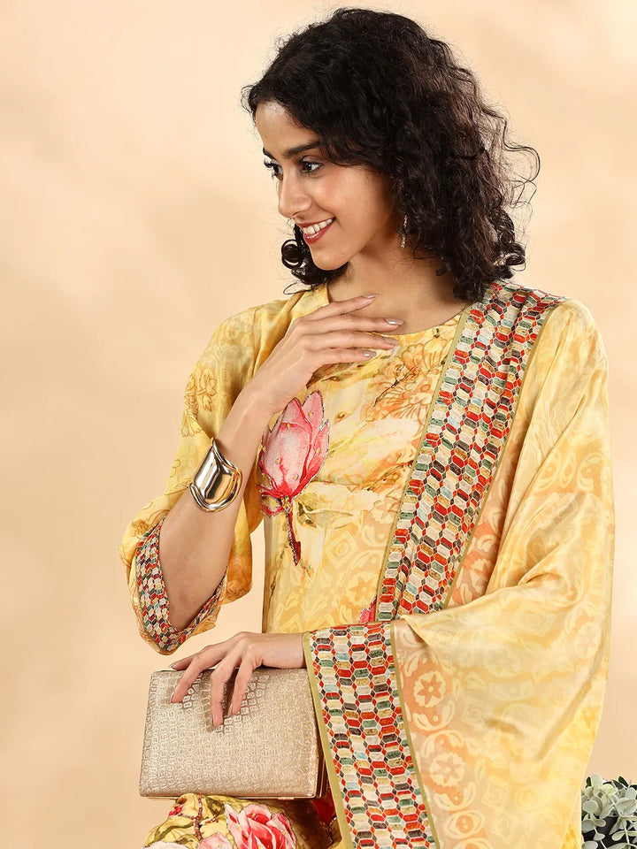 Yellow Silk Crepe Sequins_Work Straight Kurta Dupatta Pant Set