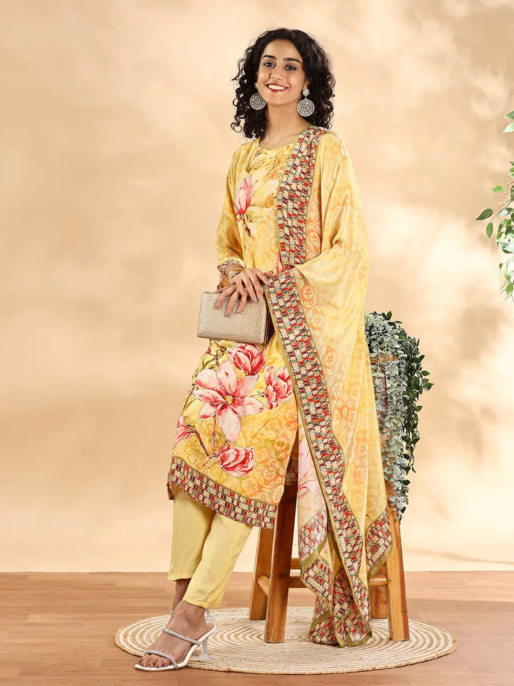 Yellow Silk Crepe Sequins_Work Straight Kurta Dupatta Pant Set