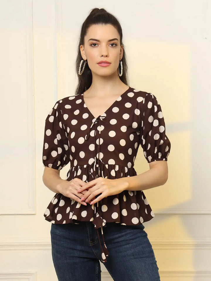 Brown Cotton Polka Dot Brown Tie Up Peplum Top