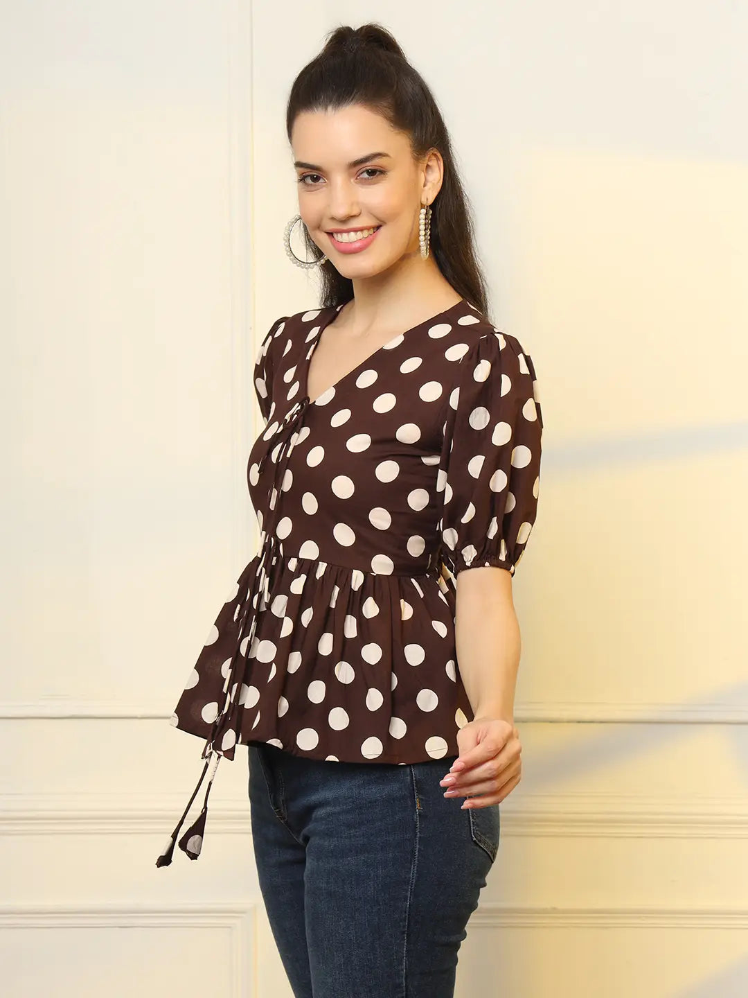 Brown Cotton Polka Dot Brown Tie Up Peplum Top