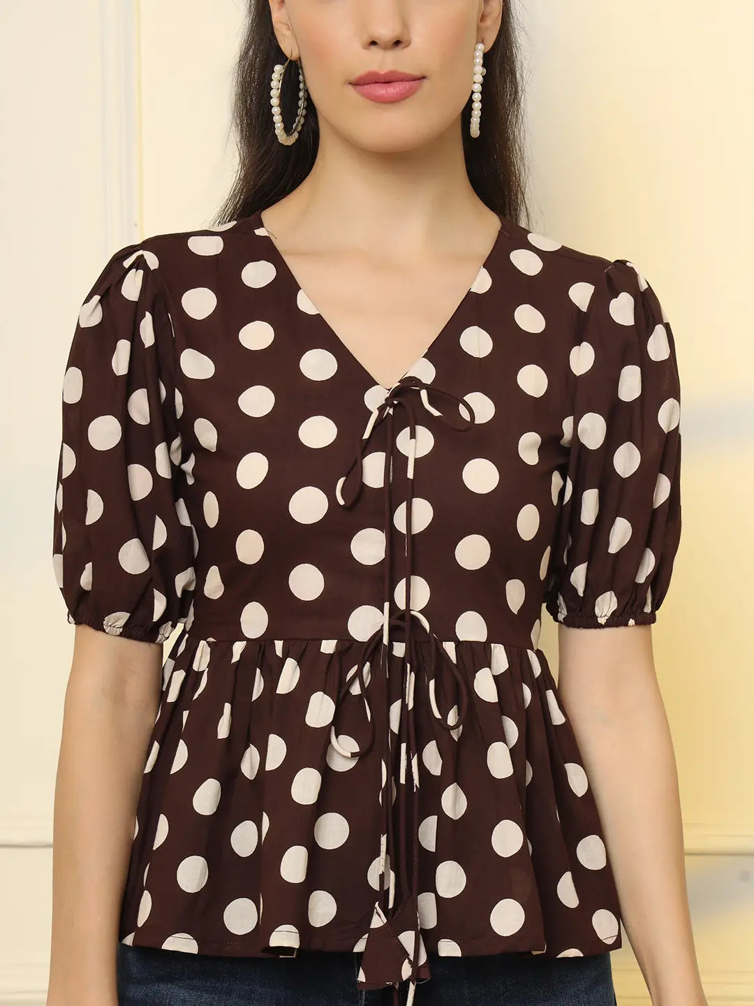 Brown Cotton Polka Dot Brown Tie Up Peplum Top