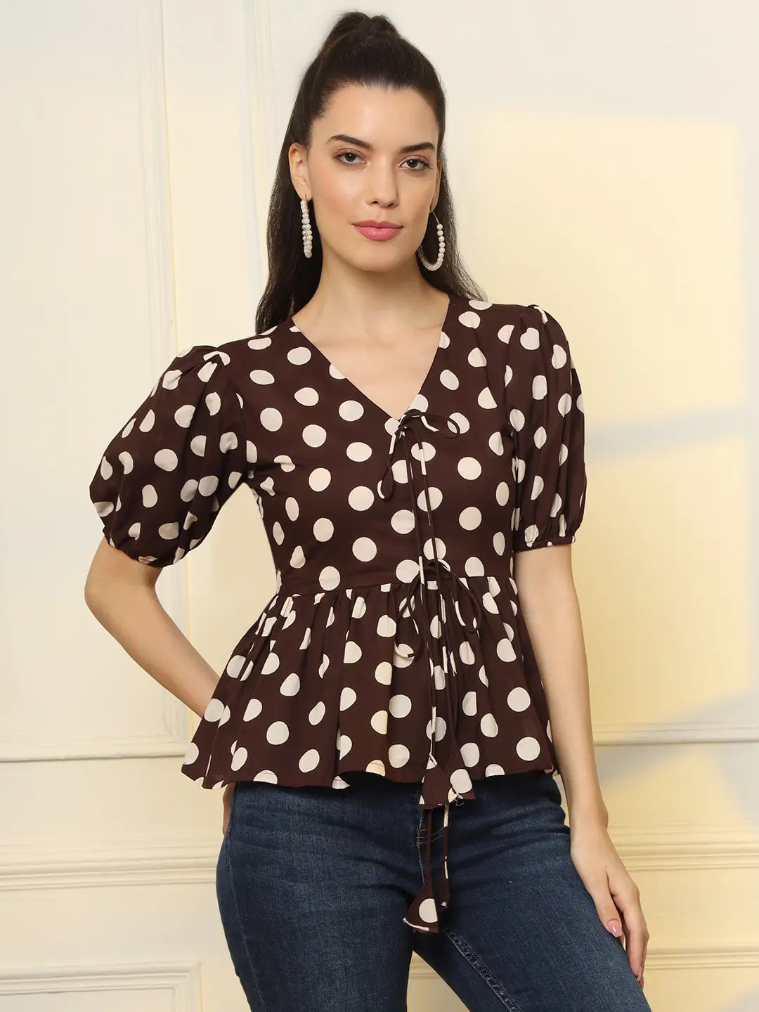 Brown Cotton Polka Dot Brown Tie Up Peplum Top