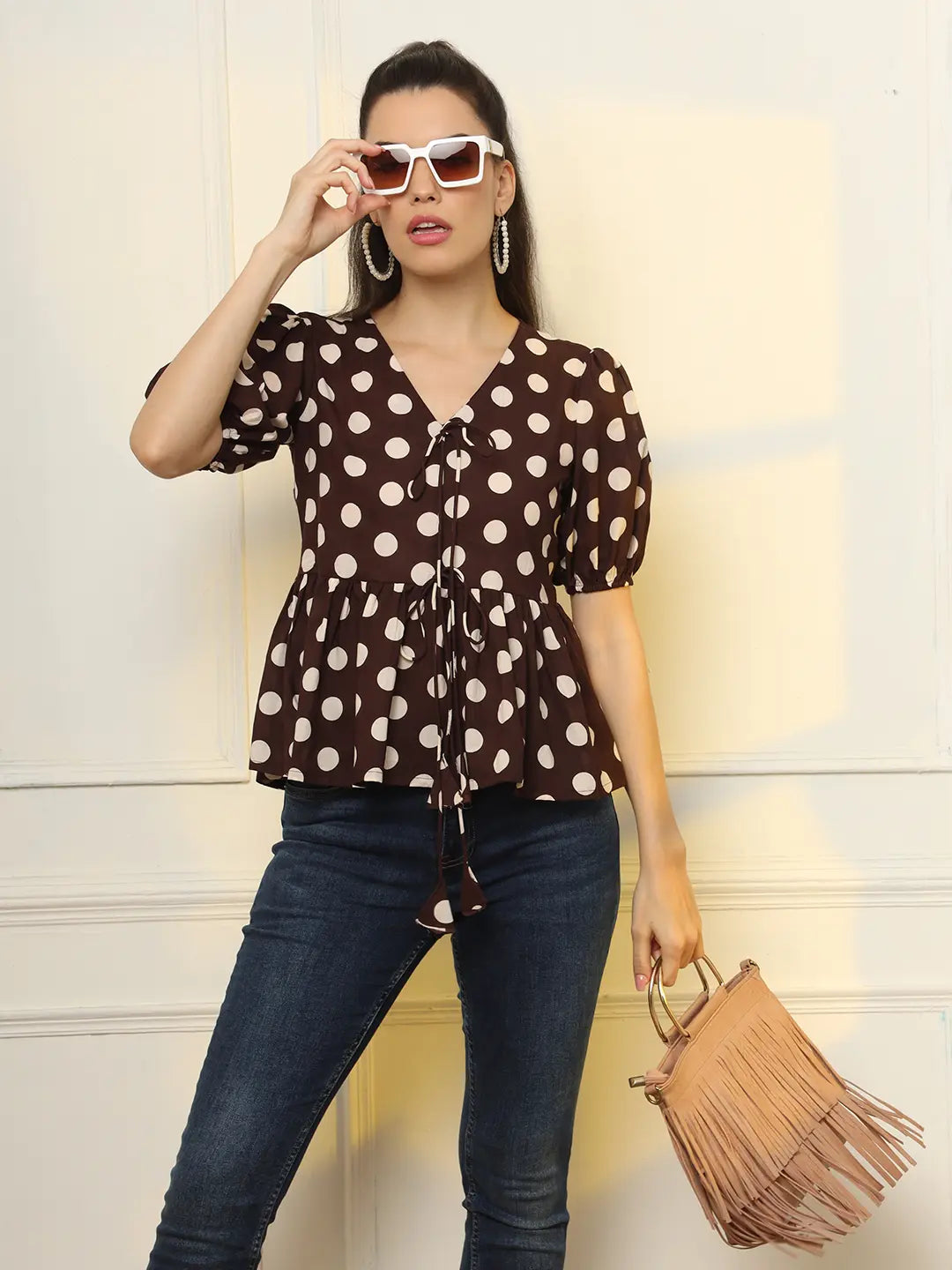 Brown Cotton Polka Dot Brown Tie Up Peplum Top