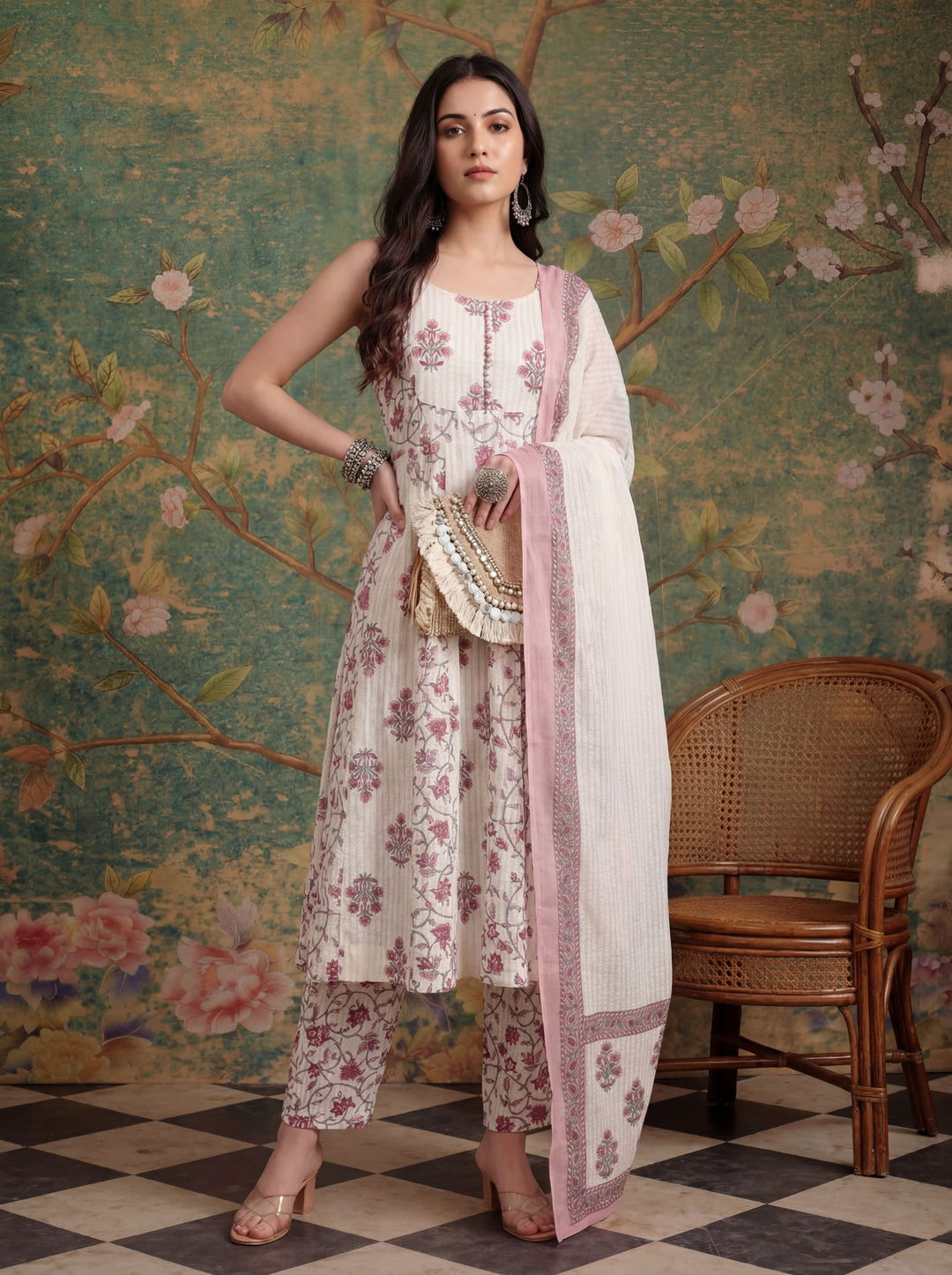 White Pure Cotton Anarkali Kurta Set With Dupatta
