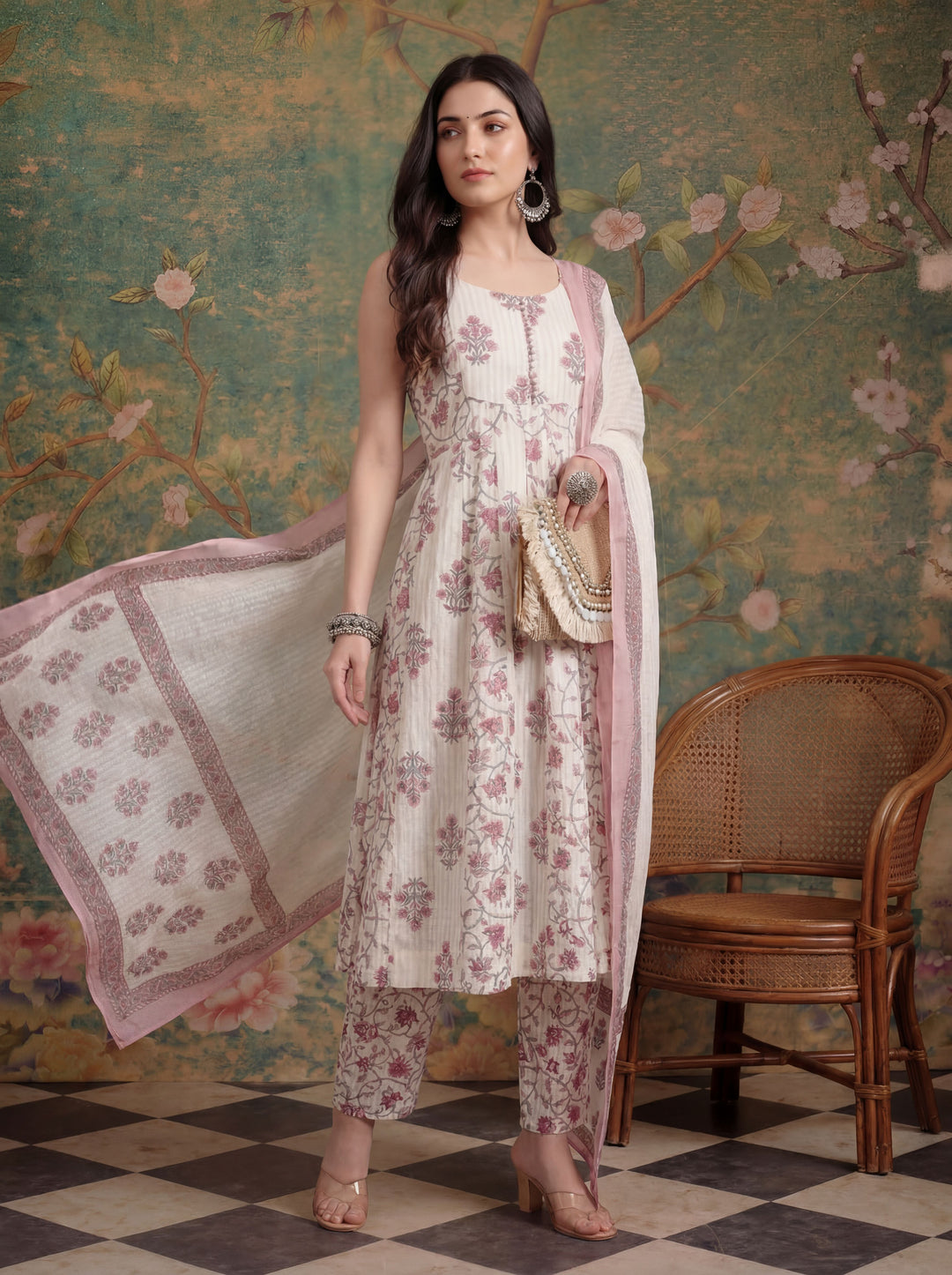 White Pure Cotton Anarkali Kurta Set With Dupatta