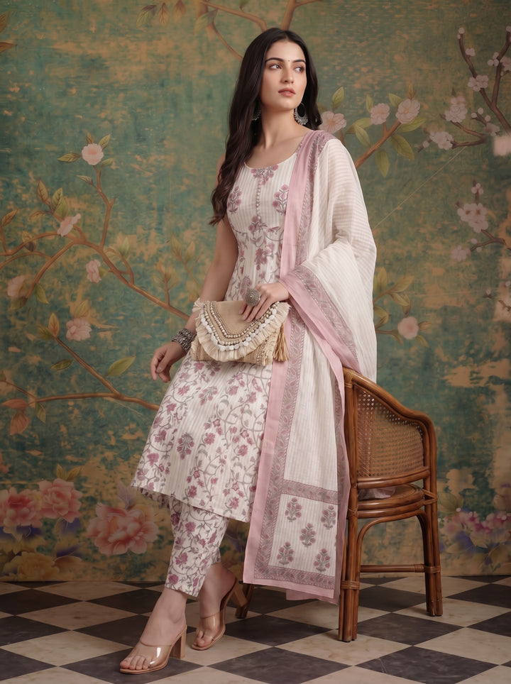 White Pure Cotton Anarkali Kurta Set With Dupatta