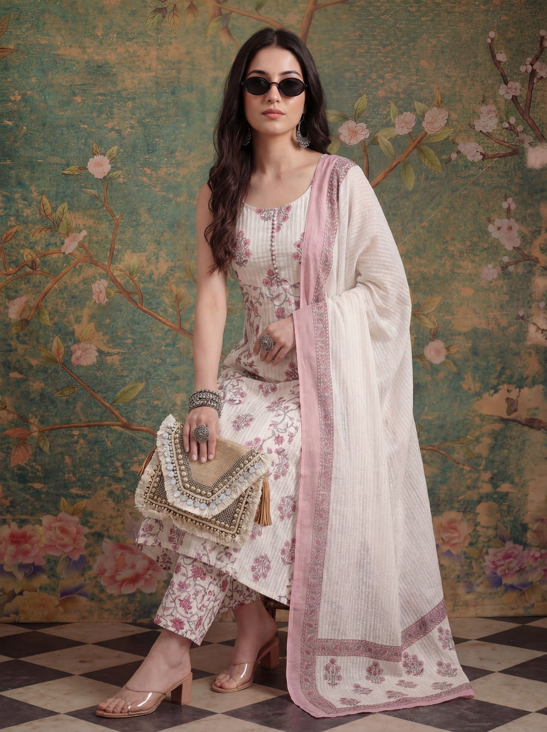 White Pure Cotton Anarkali Kurta Set With Dupatta