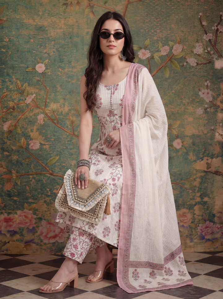 White Pure Cotton Anarkali Kurta Set With Dupatta