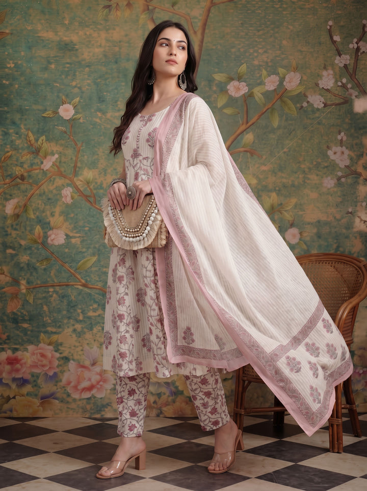 White Pure Cotton Anarkali Kurta Set With Dupatta