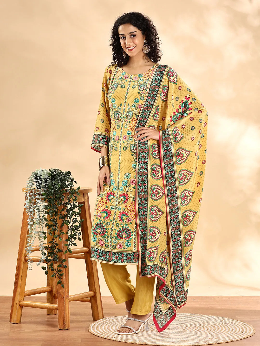 Yellow Silk Crepe Cutdana_Work Straight Kurta Dupatta Pant Set