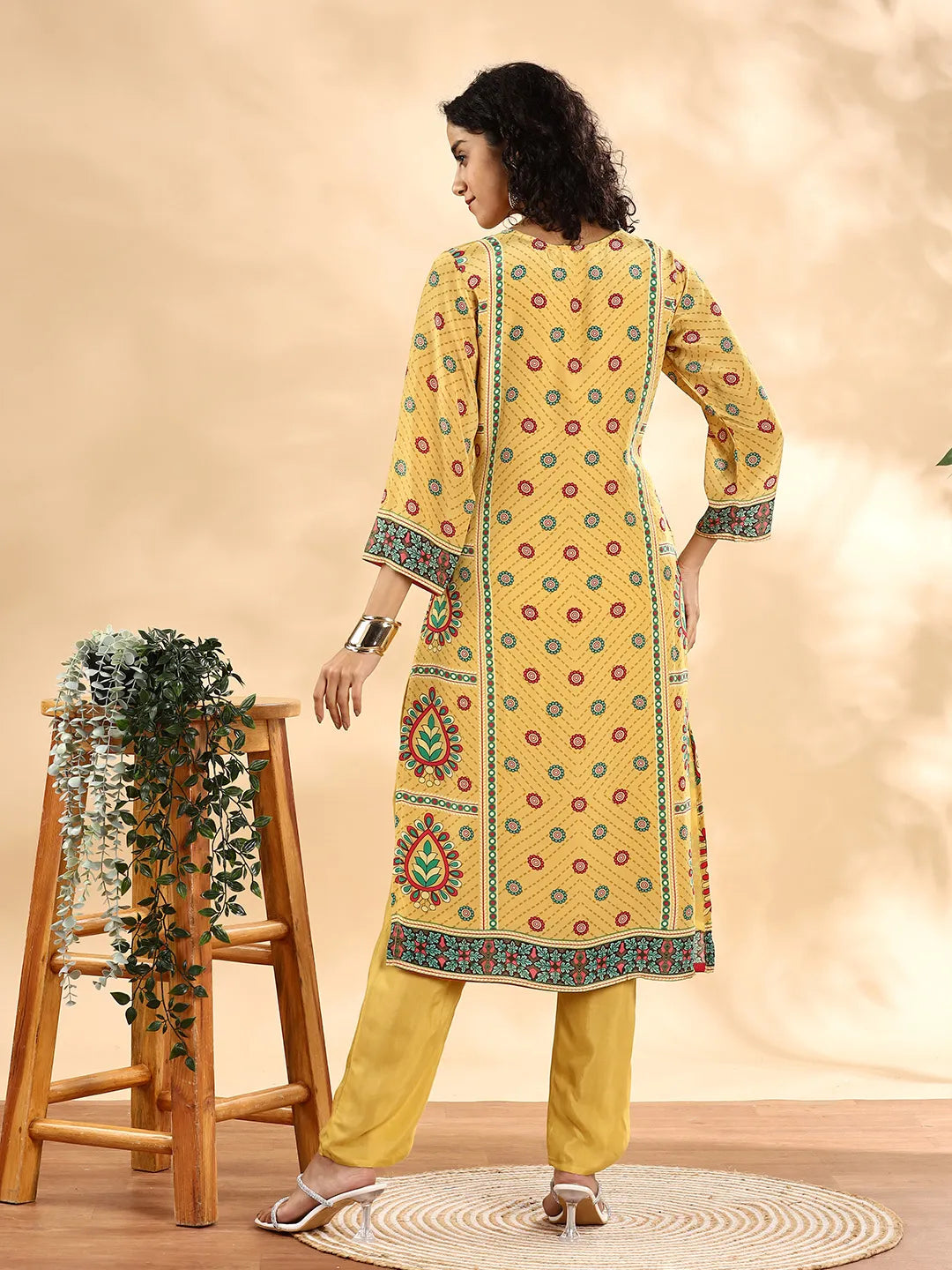 Yellow Silk Crepe Cutdana_Work Straight Kurta Dupatta Pant Set