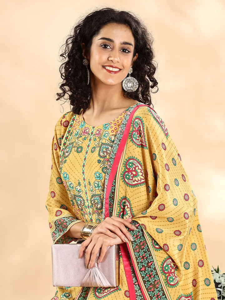 Yellow Silk Crepe Cutdana_Work Straight Kurta Dupatta Pant Set