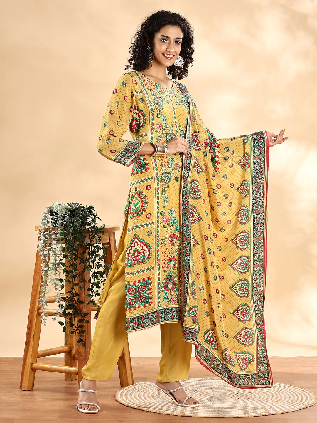 Yellow Silk Crepe Cutdana_Work Straight Kurta Dupatta Pant Set