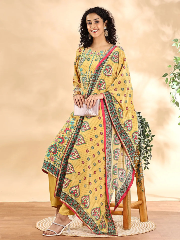 Yellow Silk Crepe Cutdana_Work Straight Kurta Dupatta Pant Set