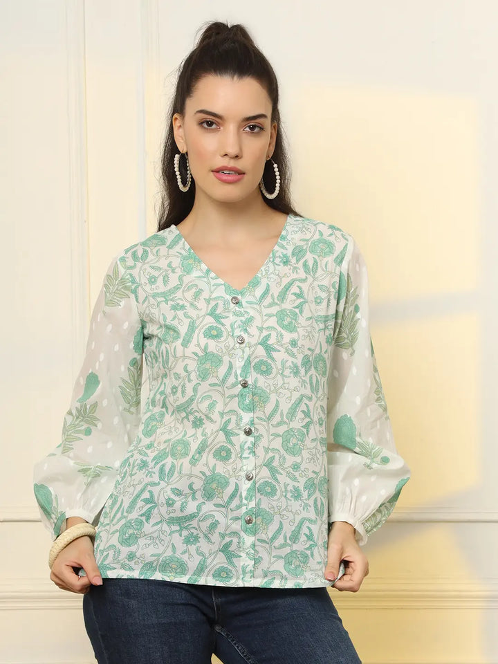 White And Green Printed Cotton Top