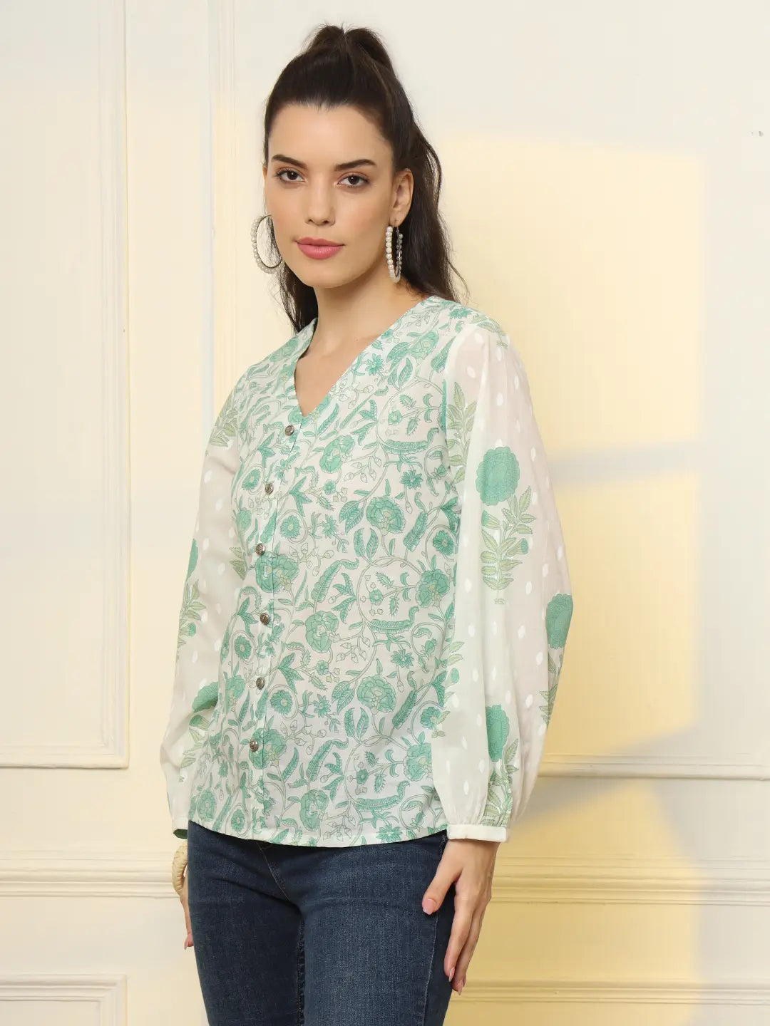 White And Green Printed Cotton Top