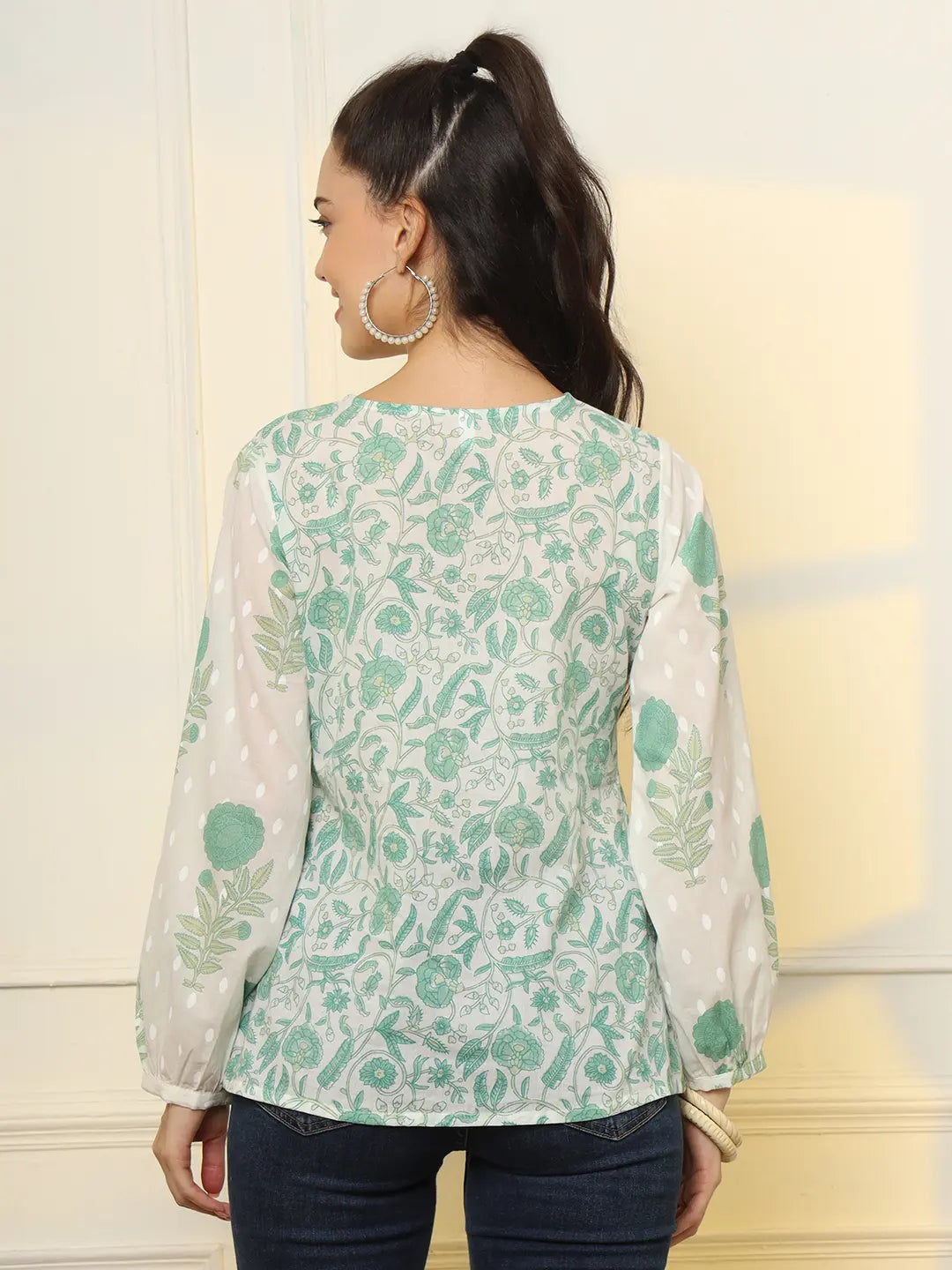 White And Green Printed Cotton Top