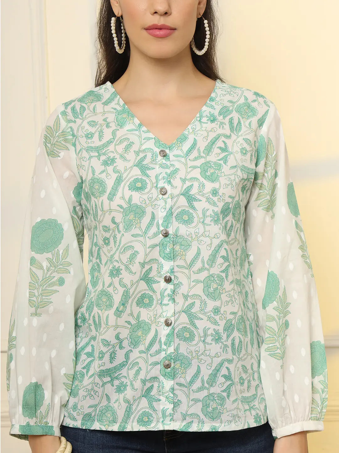 White And Green Printed Cotton Top